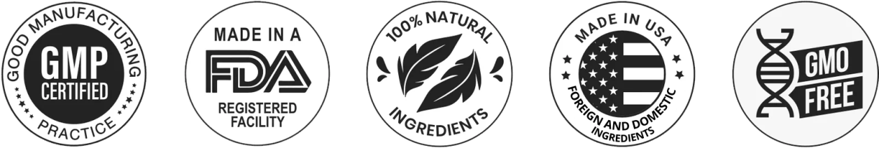 ErecSurge certifications — Made in USA, GMP Certified, FDA Registered, 100% Natural, Non-GMO
