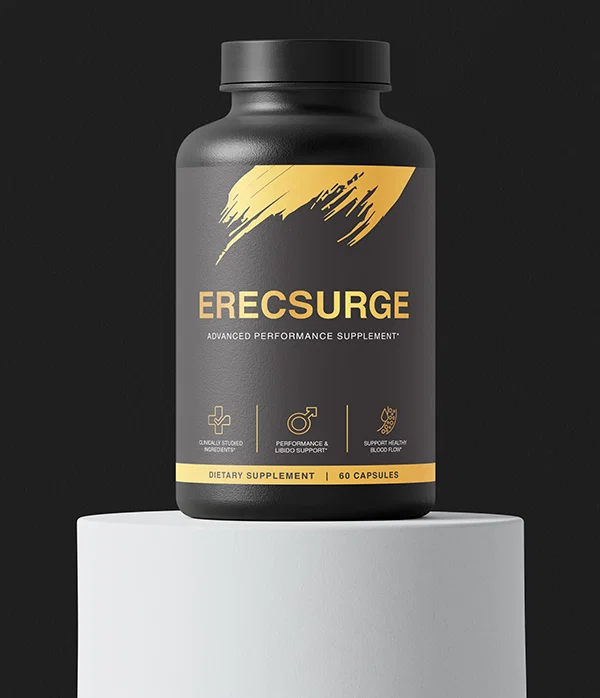 ErecSurge supplement bottle — Natural Male Sexual Health Formula supporting erectile function and libido
